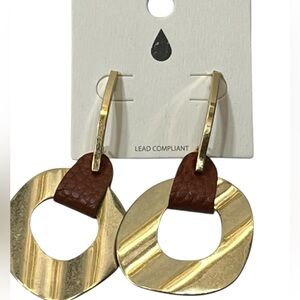 Gold Tone Metal and Brown Leather Drop Earrings New